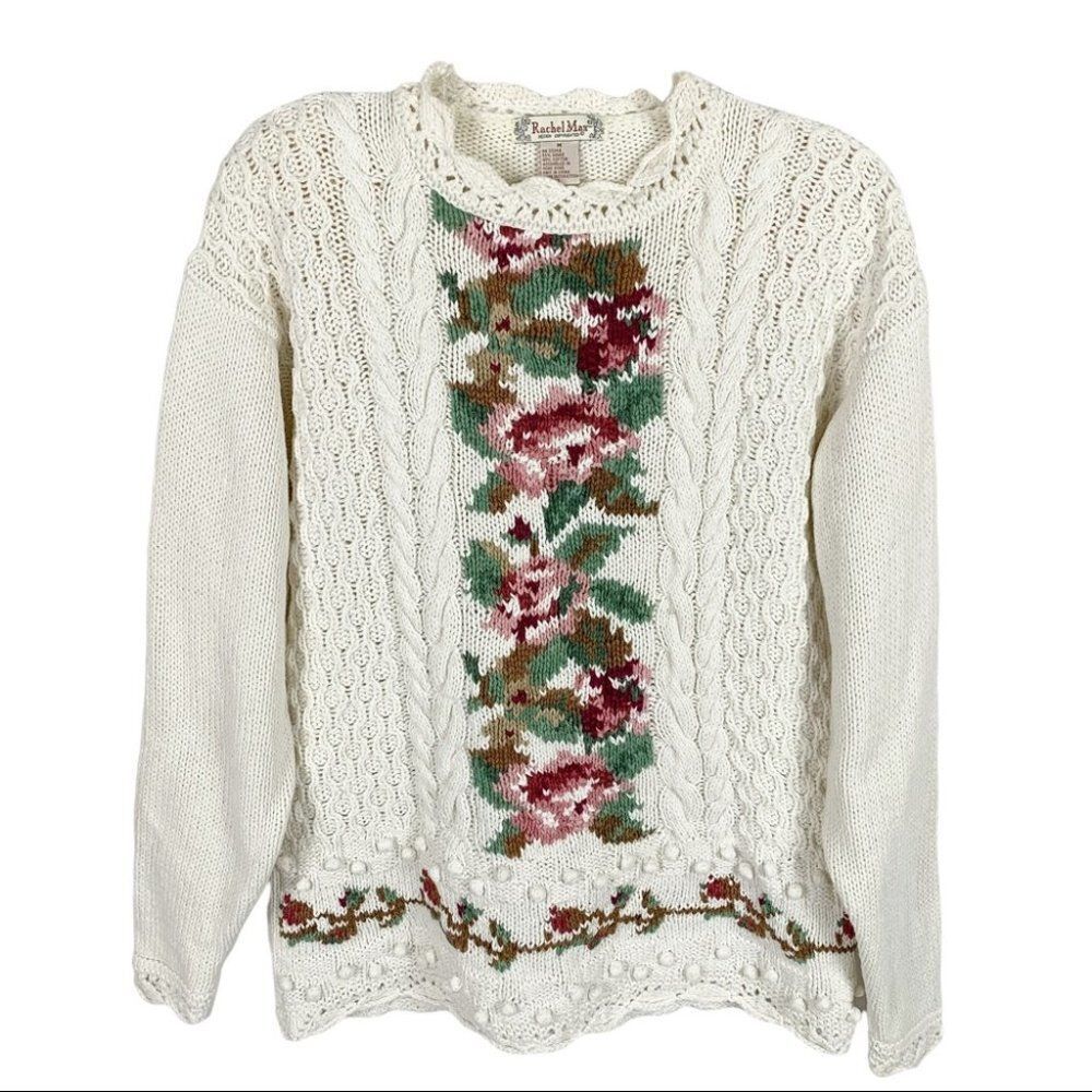 Vintage Rachel Max Floral Pom Pom Scalloped Chunky Knit Grandma Sweater Medium